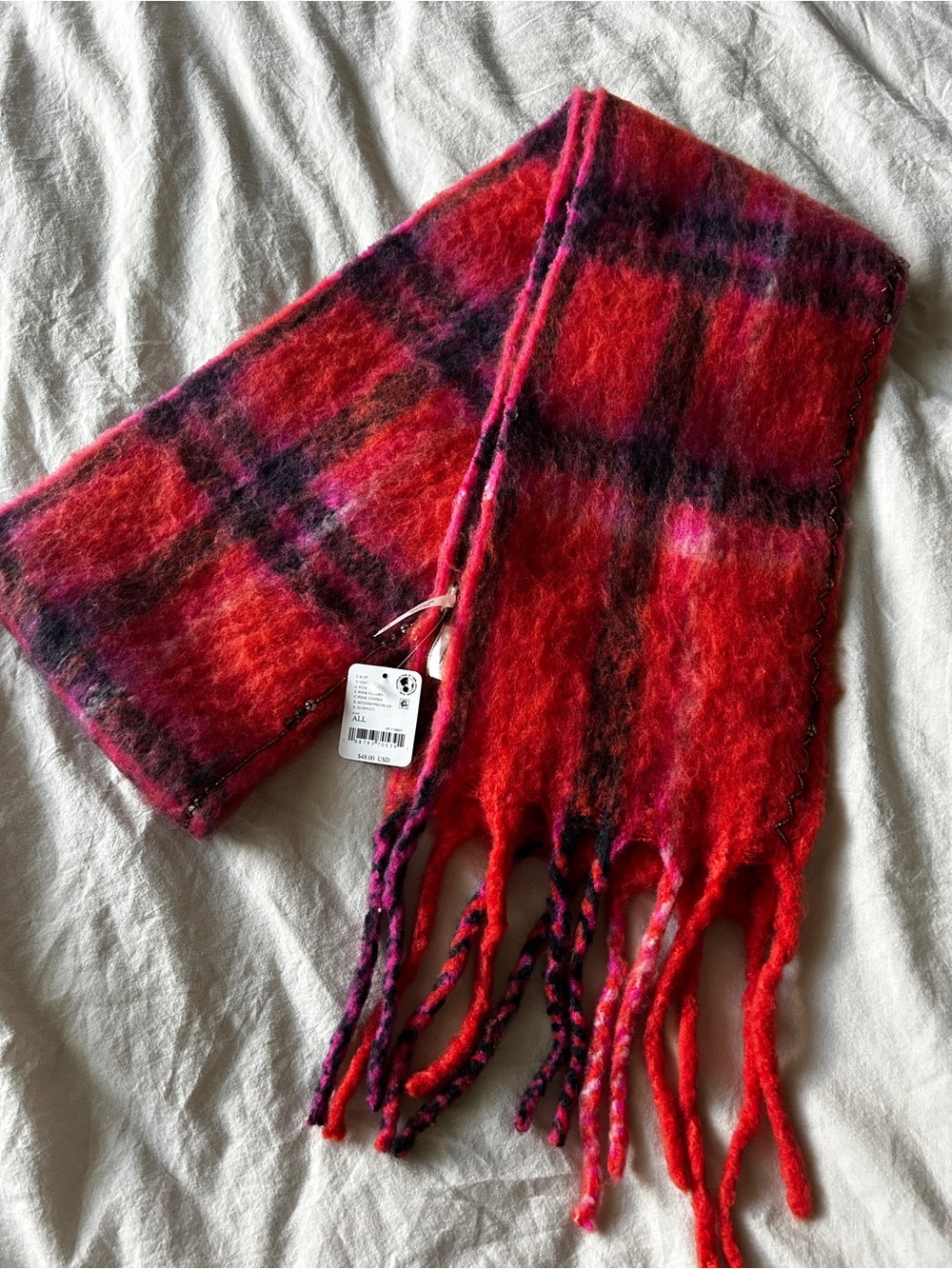 Free People Beaded Red Plaid Fringe Scarf OS
